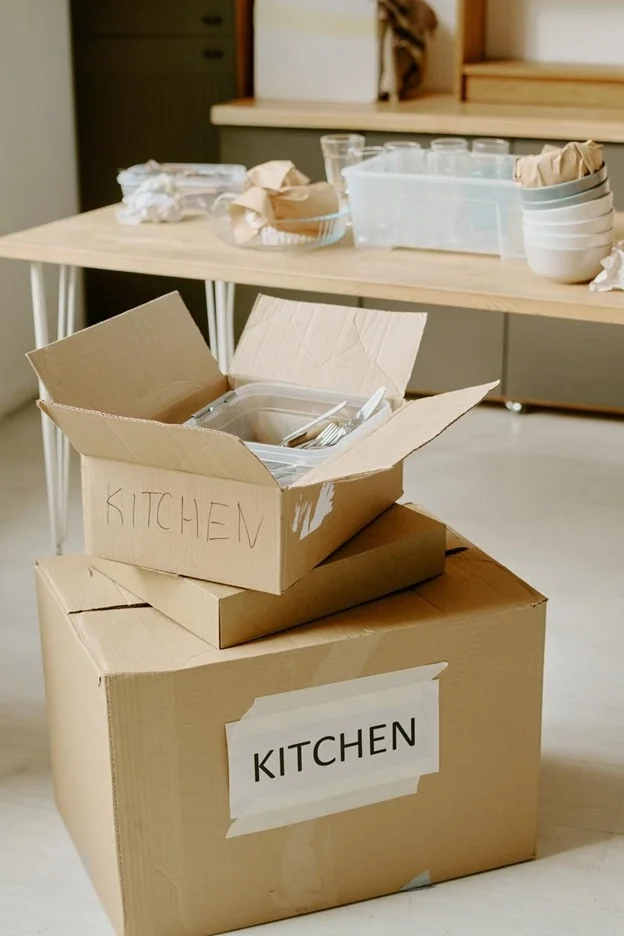 Labeled moving boxes with kitchen items being unpacked and organized on a table in a clean, well-lit home.