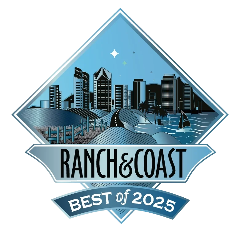 Illustration of a city skyline with tall buildings, a highway, a beach with palm trees, and a sailboat on water, with stars and the moon in the sky, inside a diamond-shaped frame. Text reads "RANCH & COAST BEST of 2025."