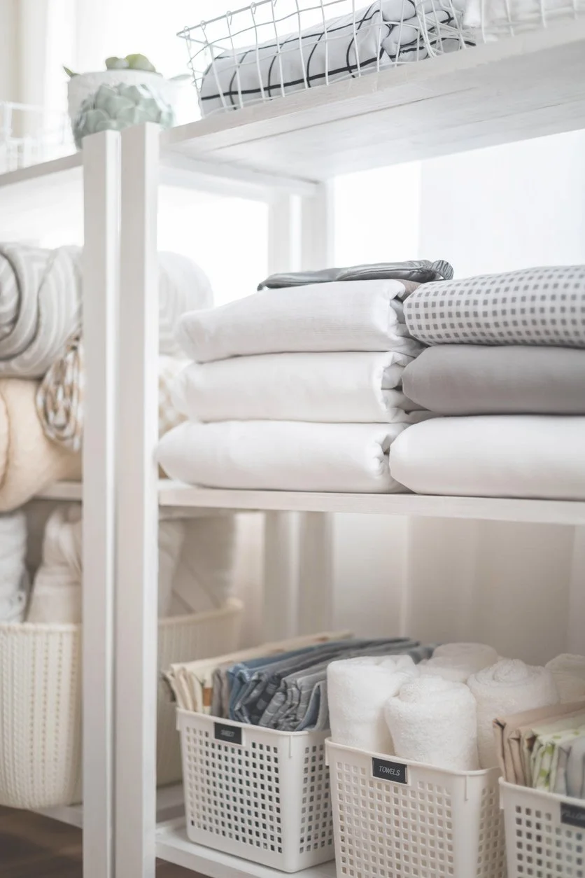 Neatly organized linen closet with folded towels, labeled storage bins, and minimalist shelving for a calm, functional home