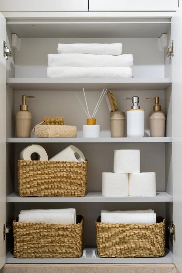 Neatly organized bathroom linen closet with folded towels, baskets, and toiletries arranged for easy access and a clutter-free space.
