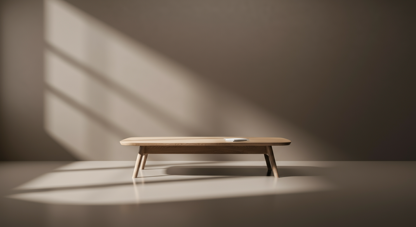 Minimalist wooden table in a room with natural light casting shadows on the wall.