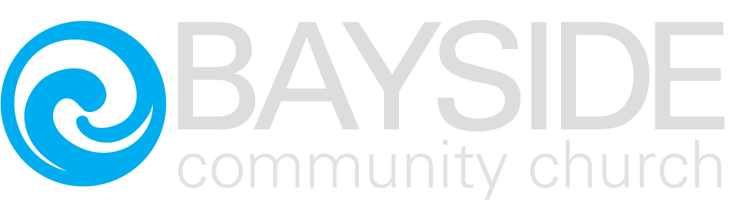 Logo of Bayside Community Church with a stylized blue wave icon and gray and white text.