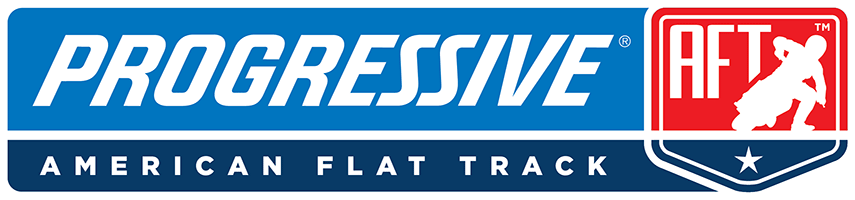 Logo for Progressive American Flat Track, featuring the word 'PROGRESSIVE' in white letters on a blue background and 'AFT' with a motorcycle graphic in red and white on a shield emblem.