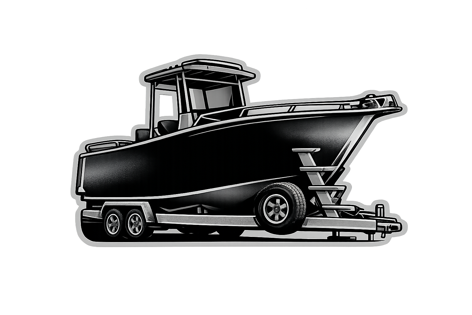 Black and white illustration of a boat on a trailer.