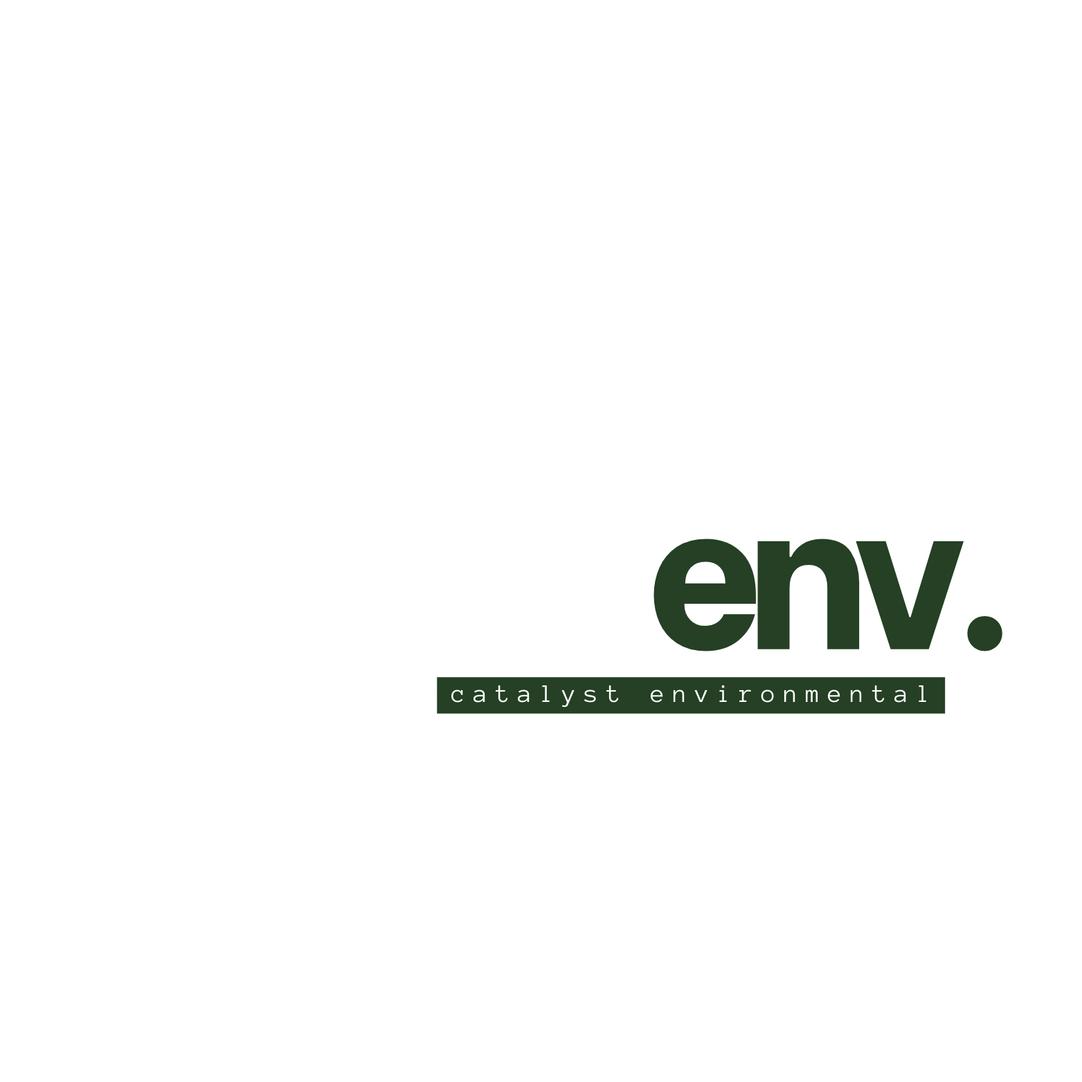Logo with the words "catalyst env." and "catalyst environmental" in green and white text on a black background.