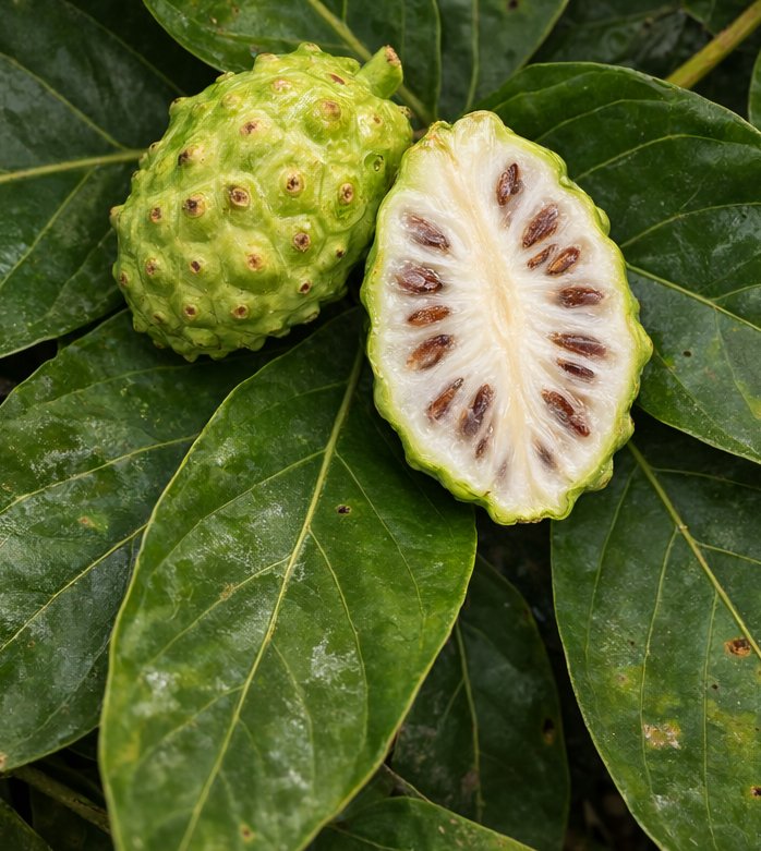 A noni fruit, green with a bumpy surface, is shown next to a halved noni fruit revealing its white interior with numerous brown seeds. The fruits are resting on large green leaves.