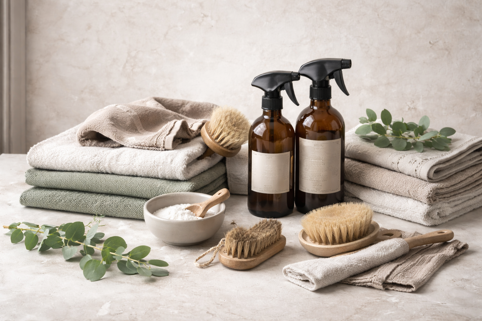 Bathroom cleaning supplies including towels, spray bottles, brushes, soap, and eucalyptus branches on a beautifully cleaned countertop in Milford, NH
