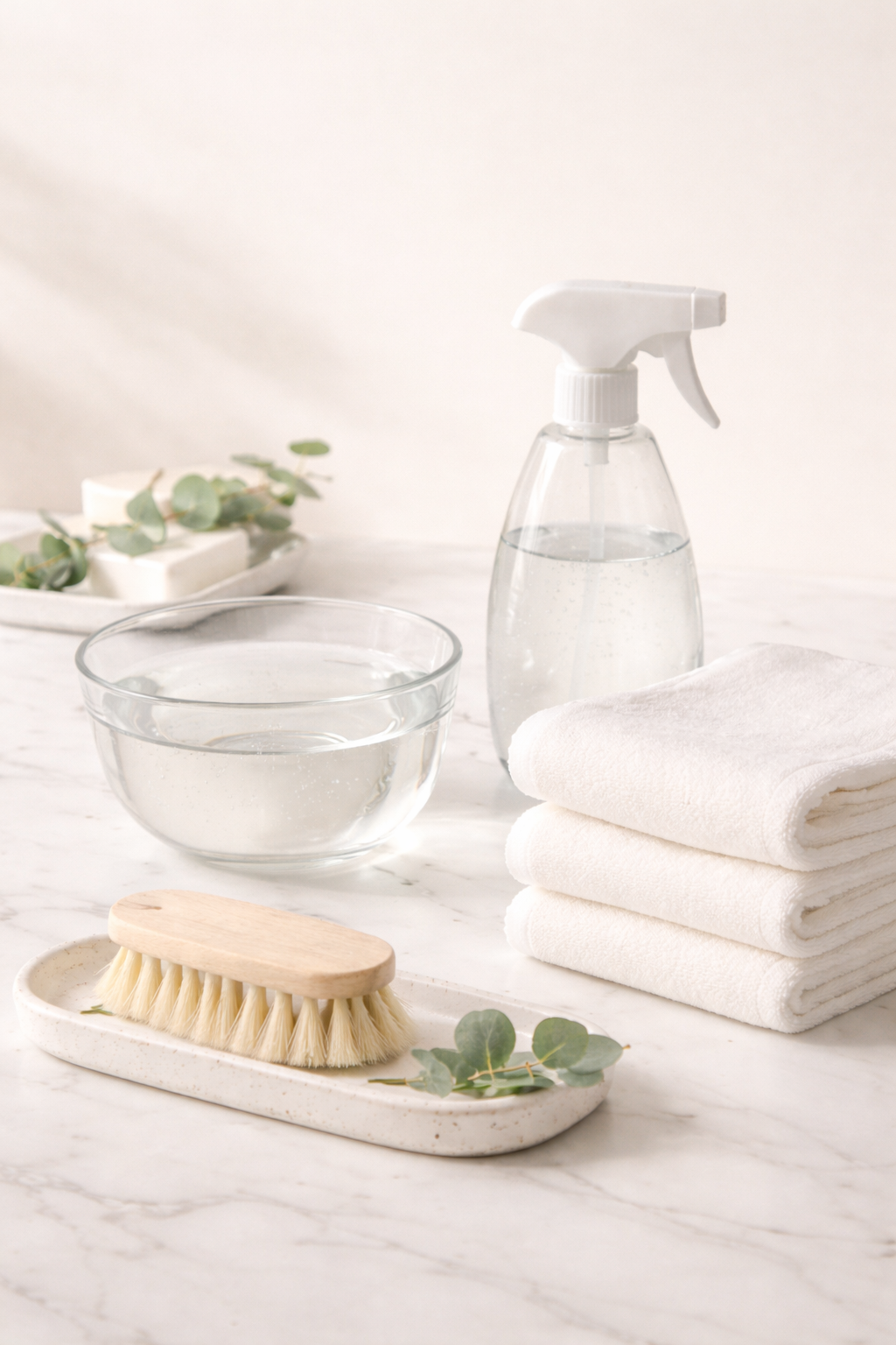 Clean bathroom with cleaning supplies, light filled residence in Milford, NH.