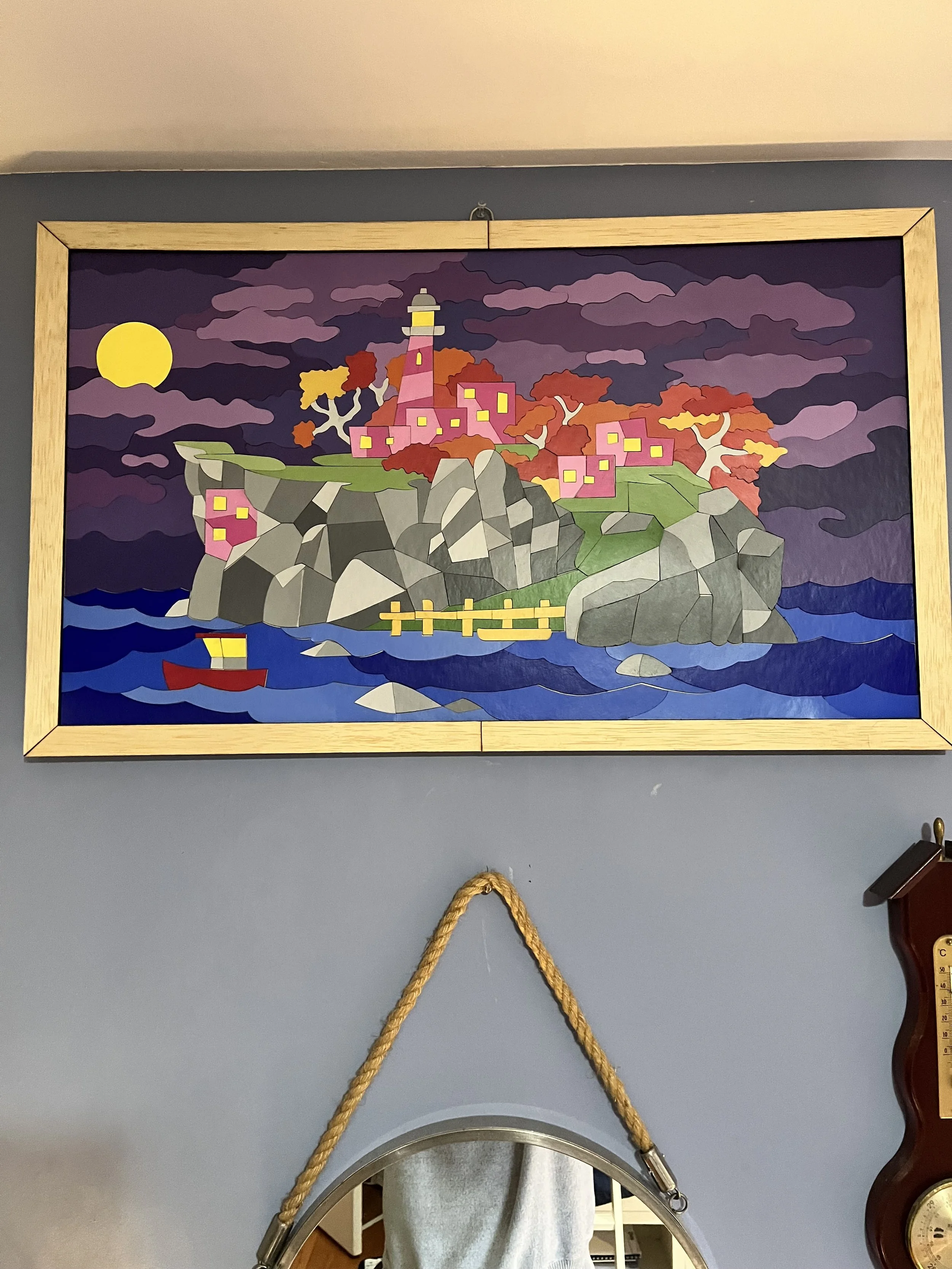 This puzzle was designed by me, to be put together by others. It was created using custom designed lasercut illustration board pieces , hand painted with acrylic gouache paint. It contains over 250 lasercut and engraved unique pieces.