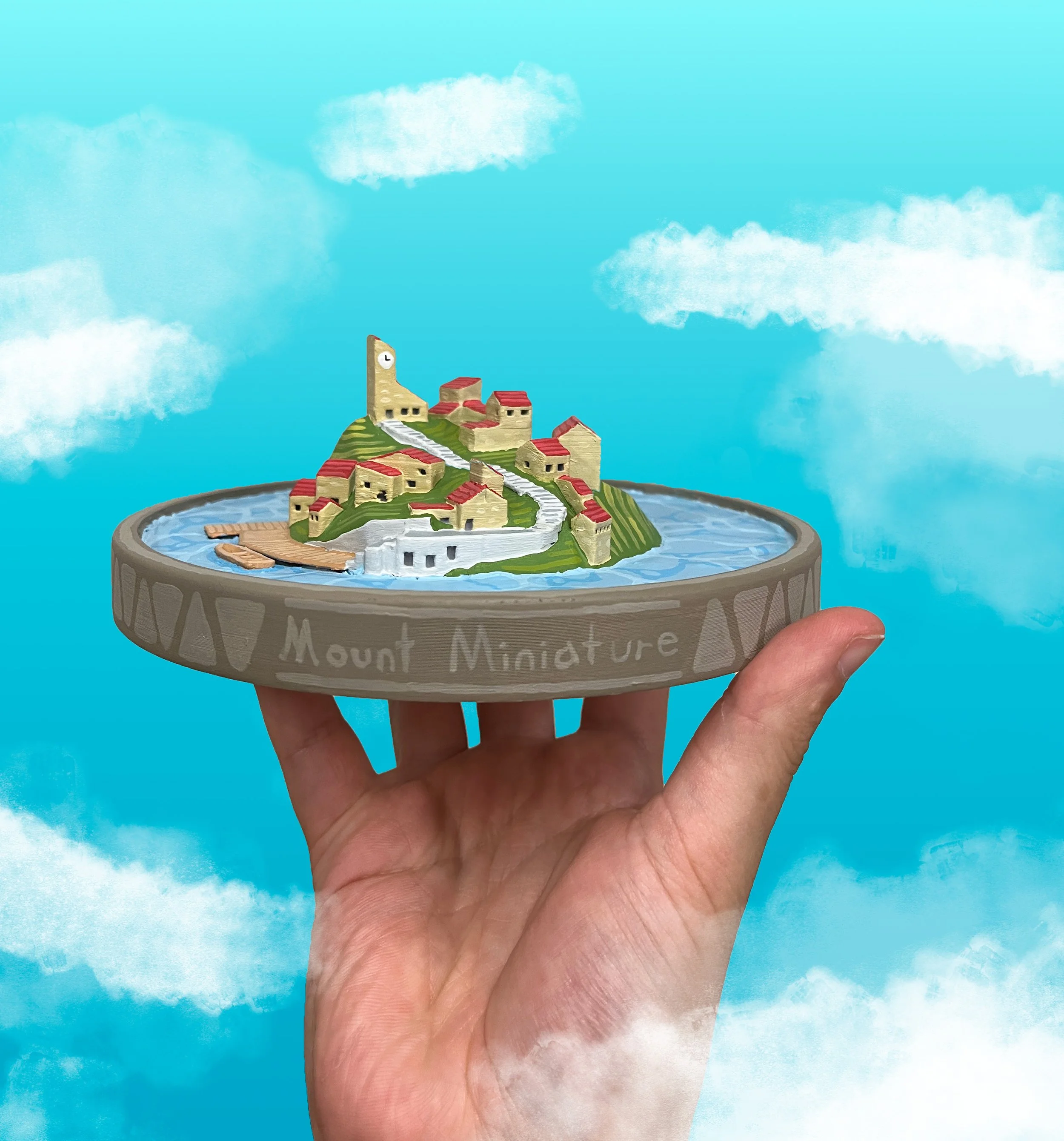 Modeled and 3D printed a little village a little painted with accrylic gouache with texture and stylization added.  Dubbed by me: Mount Miniature.