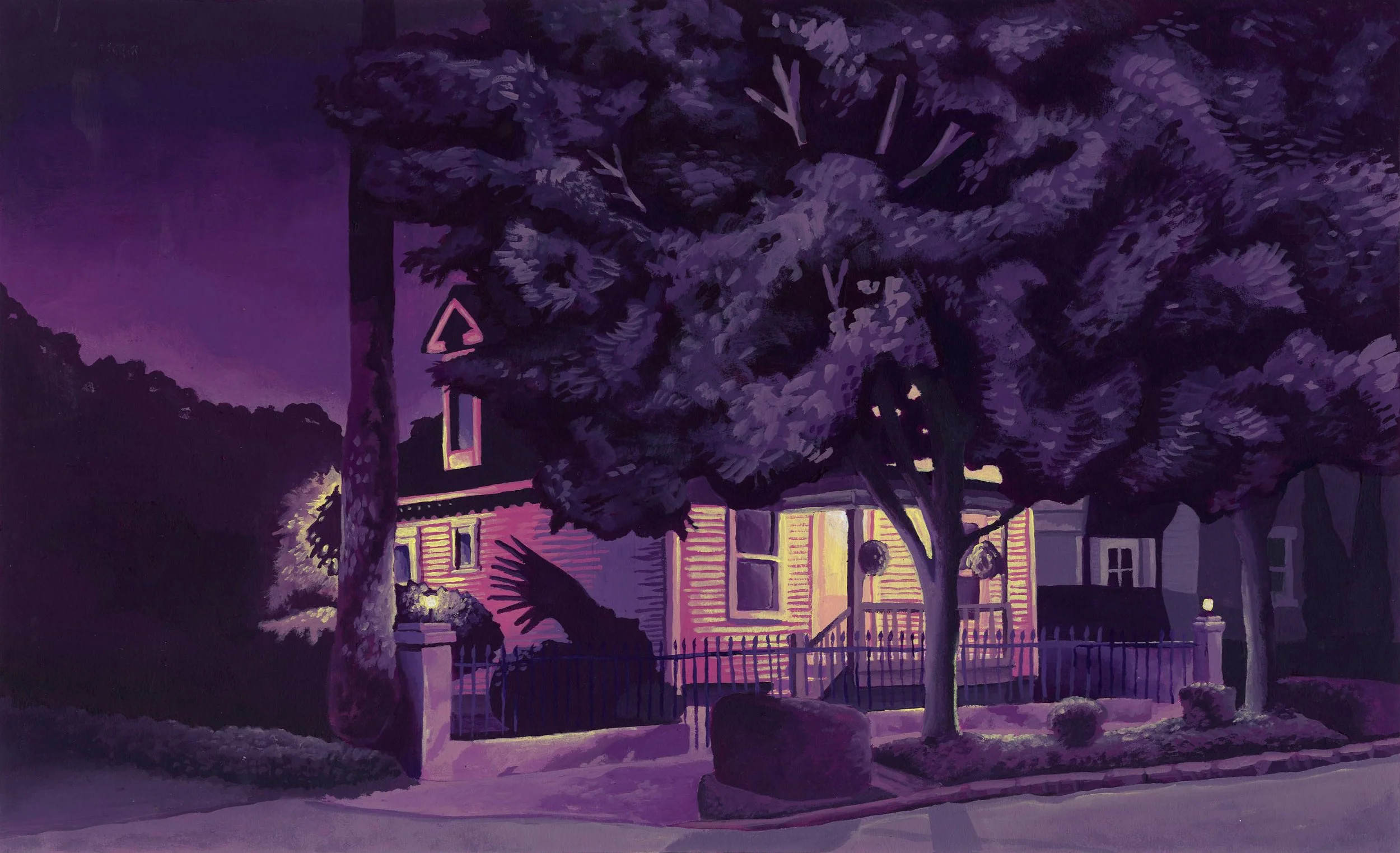 Acrylic gouache using only three colors: purple, magenta, and cream yellow. Displayed at the Society of Illustrators Los Angeles, West 64 2026 Exhibition.