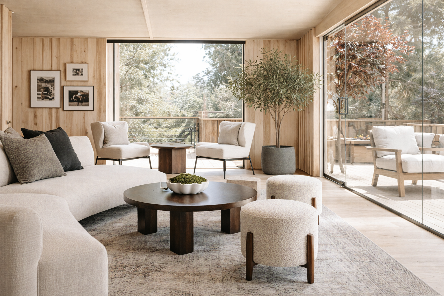 Modern living room with beige sofa, white armchairs, dark wood coffee table, large window with outdoor view, potted plant, framed photos on wood-paneled wall, and sliding glass door leading to outdoor patio.