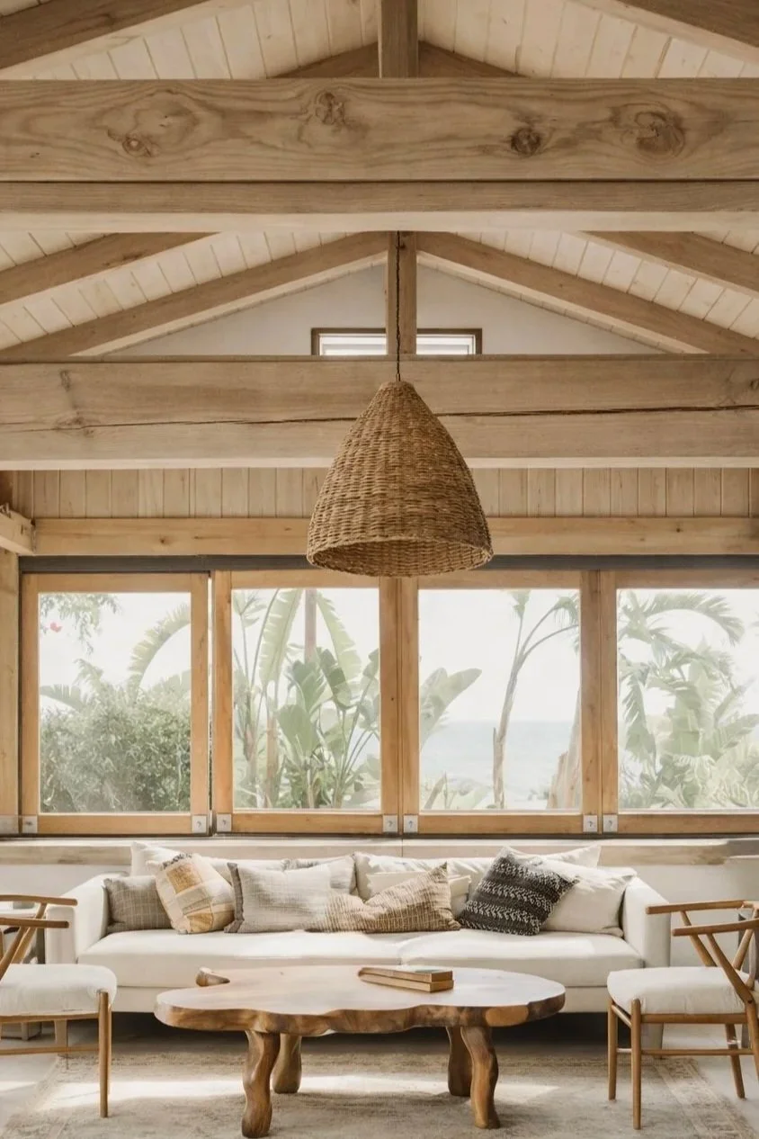 Living room with large white sofa, wooden coffee table, two chairs, decorative pillows, and large windows with a view of banana plants and palm trees outside.