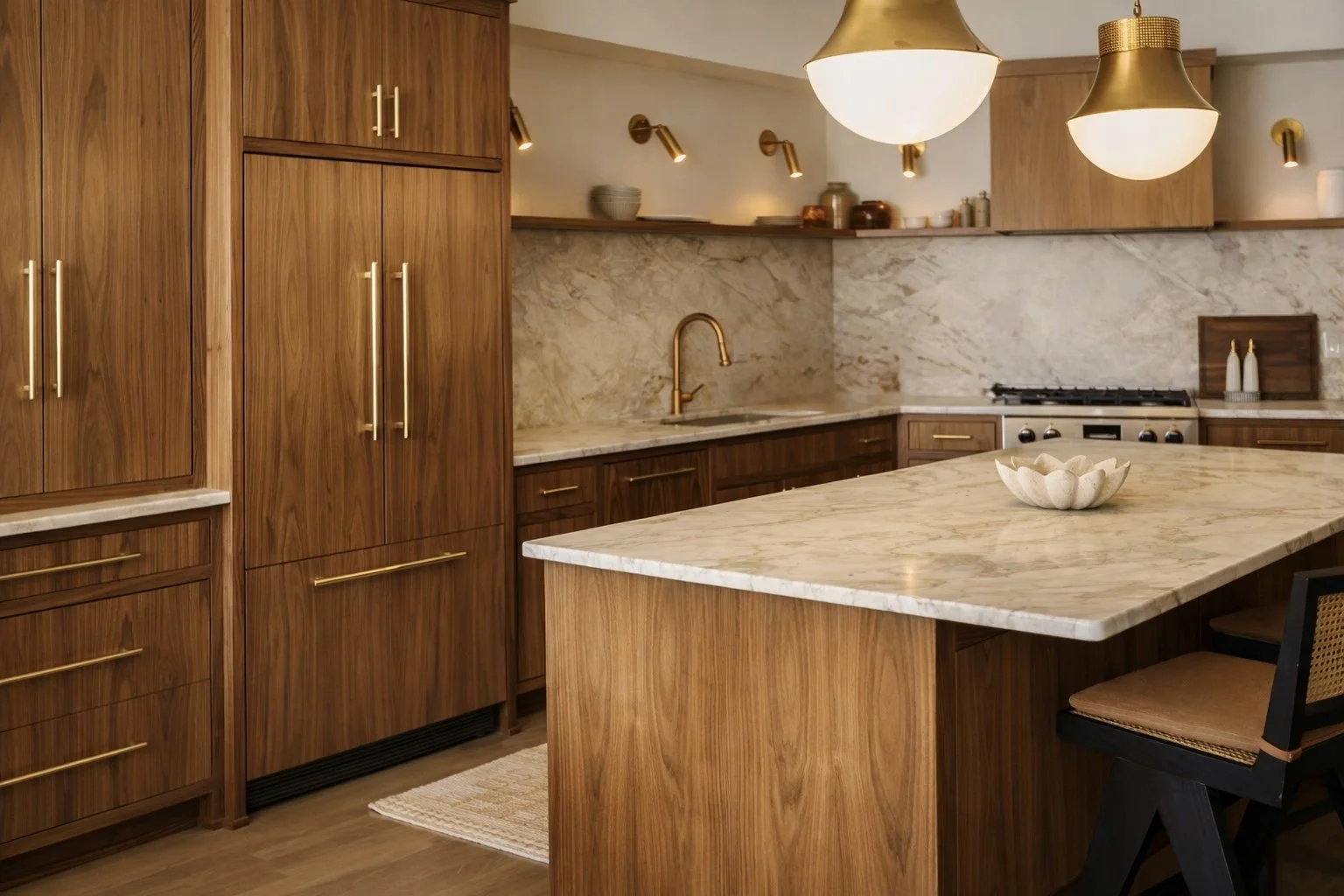 A modern kitchen with wooden cabinets, marble countertops, and a marble backsplash. There are gold handles and fixtures, with pendant and sconce lighting, and a white decorative bowl on the island.