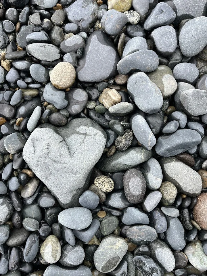 A collection of smooth, rounded stones and pebbles of various sizes and shades of gray, with some tan, brown, and speckled rocks.