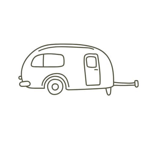 Line drawing of a vintage travel trailer or camper on a black background.