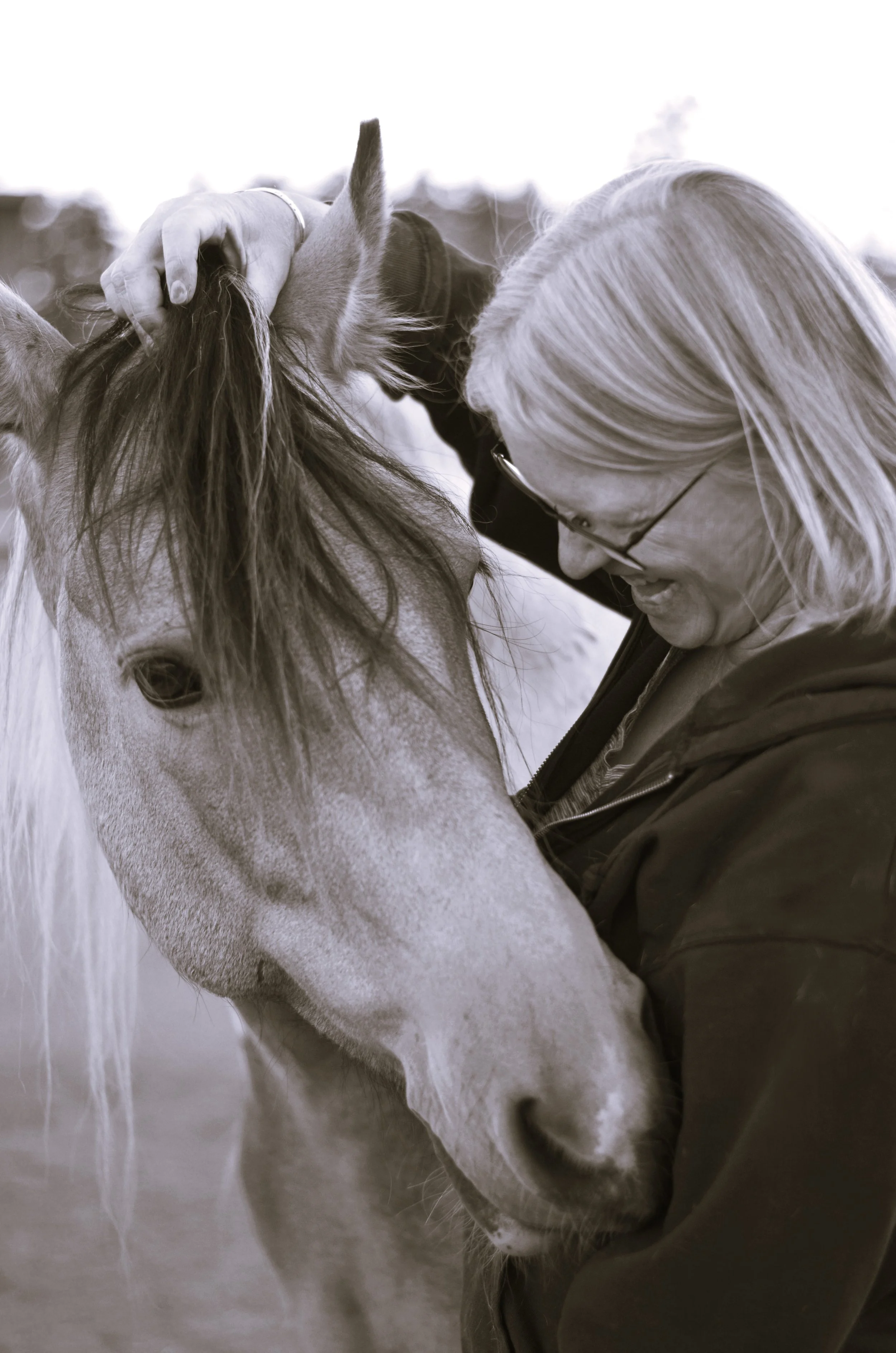 An elderly woman with glasses smiling and touching the forehead of a light-colored horse.