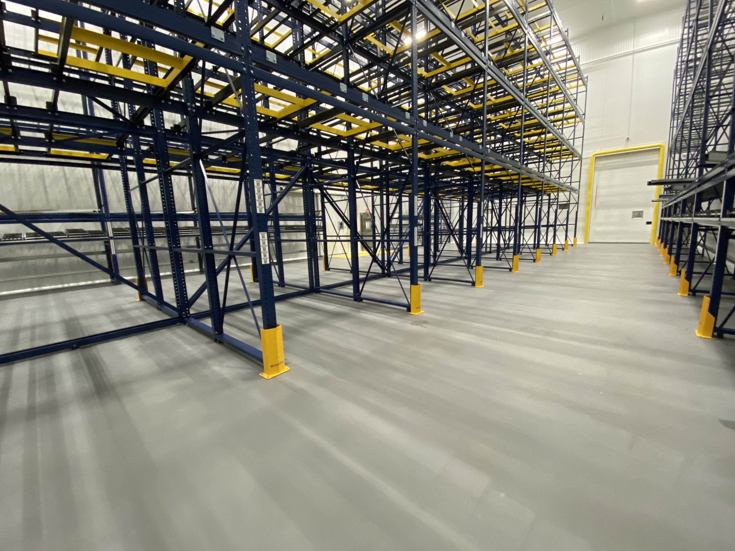 Empty warehouse with blue industrial shelving racks and yellow safety barriers on the support posts, viewed from a corner.