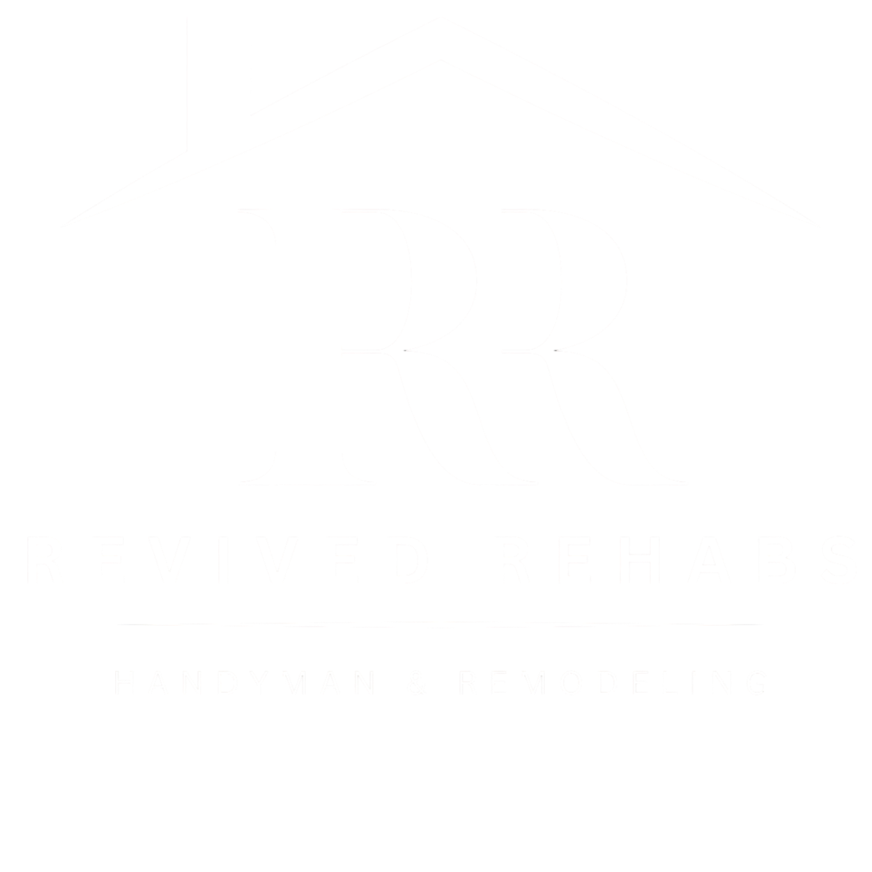Black background logo for Revived Rehabs featuring white text and design. The logo includes a stylized house with an orbiting roof above the initials 'RR'. Below, the text reads 'REVIVED REHABS' with the tagline 'HANDYMAN & REMODELING' underneath.