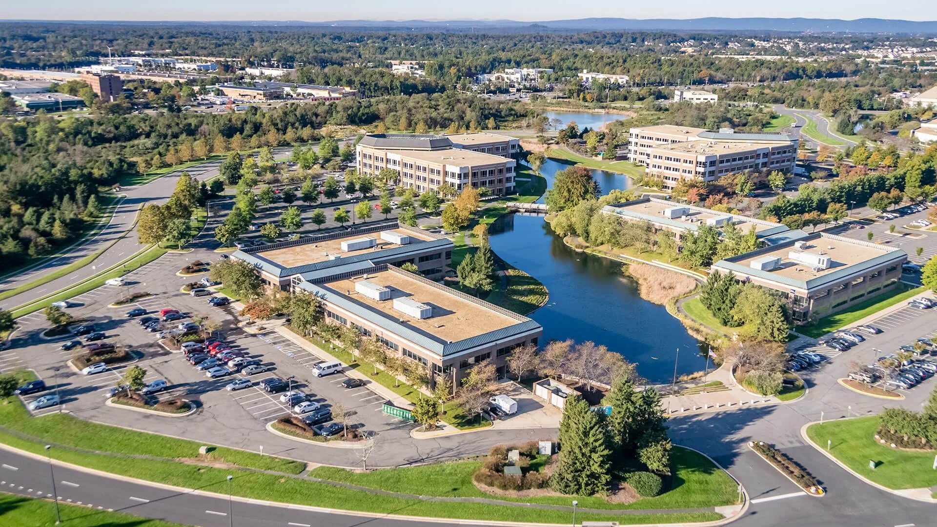 Drone image of a commercial businesses campus
