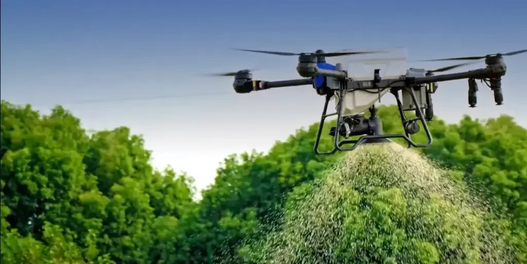 Close up of a large drone spraying a field