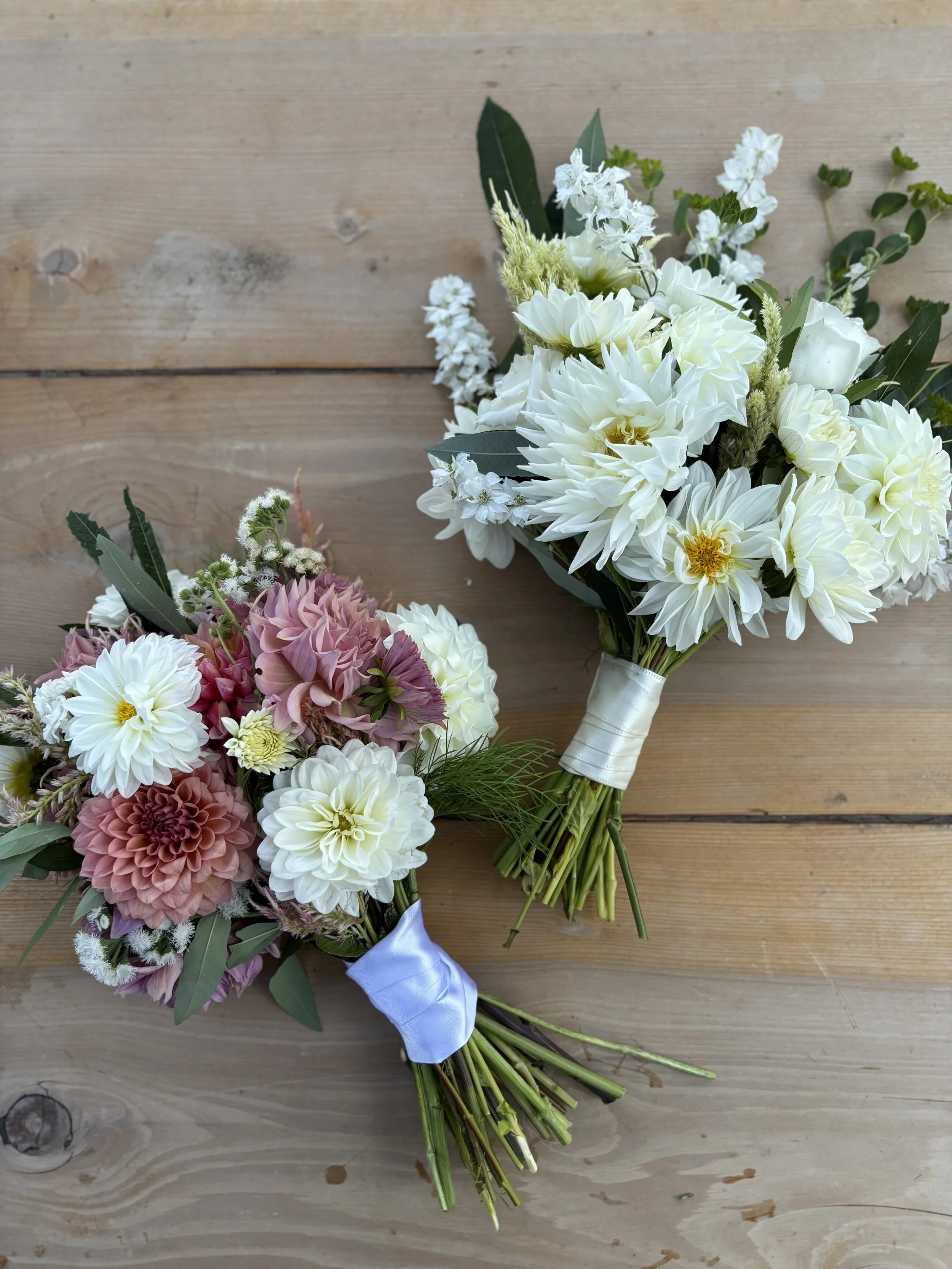 Two bouquets of white and pink flowers on a wooden surface, one with white roses and dahlias, the other with pink dahlias and white flowers, wrapped with satin ribbons.