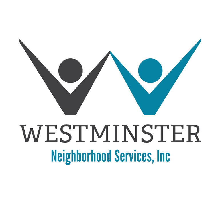 Logo for Westminster Neighborhood Services, Inc. featuring two stylized human figures with raised arms, one in gray and one in teal, above the text 'Westminster' and 'Neighborhood Services, Inc.' in blue.
