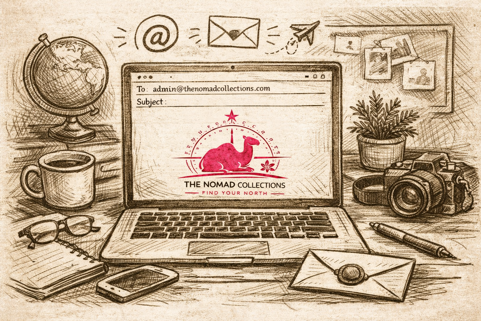 Sketch of a workspace including a laptop, globe, coffee mug, glasses, smartphone, notebook, pen, paper envelope, camera, potted plant, framed photos, and wall with doodles. The laptop screen displays a logo of a pink camel with the text "The Nomad Collections - Find Your North."