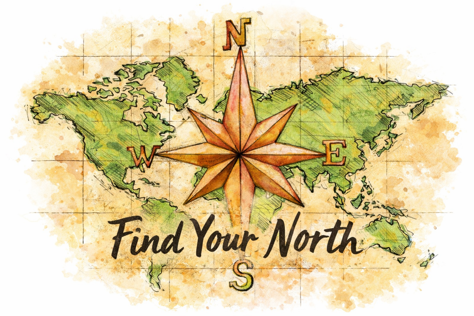 A vintage-style illustrated map of the world with a compass rose in the center, showing the four cardinal directions, and the phrase "Find Your North" below.