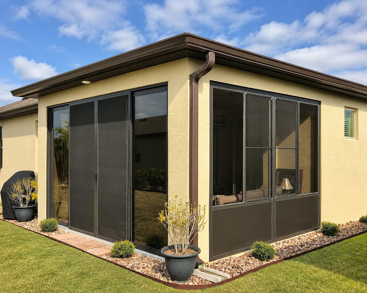 Suburban house corner with screened patio.png