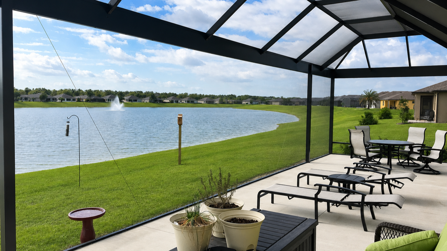 View from a screen cage overlooking a lake, with grassy shoreline, fountain, and neighboring houses, with patio furniture and potted plants in the foreground.