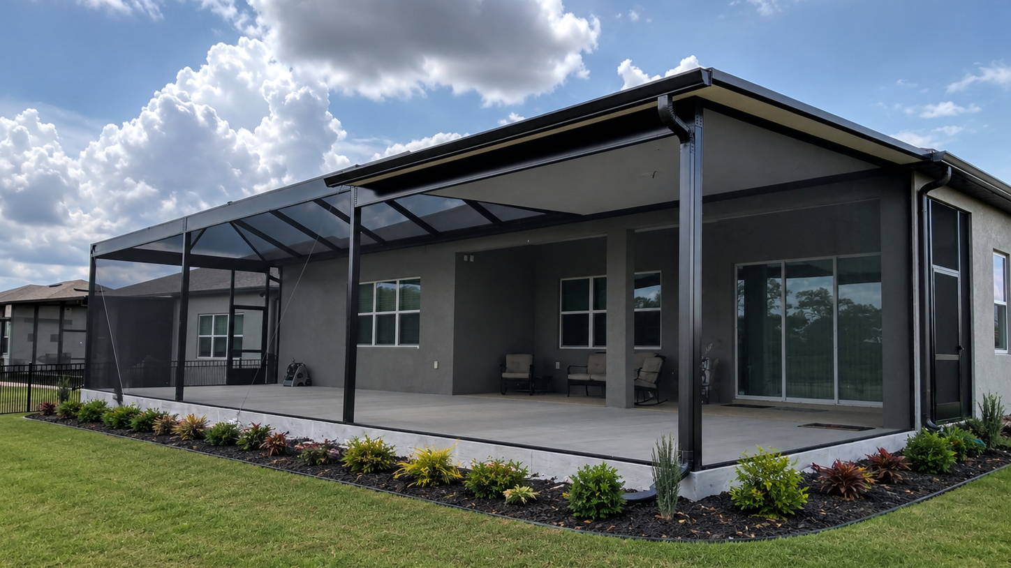 Backyard patio with a screened enclosure, outdoor seating, and a landscaped garden border.