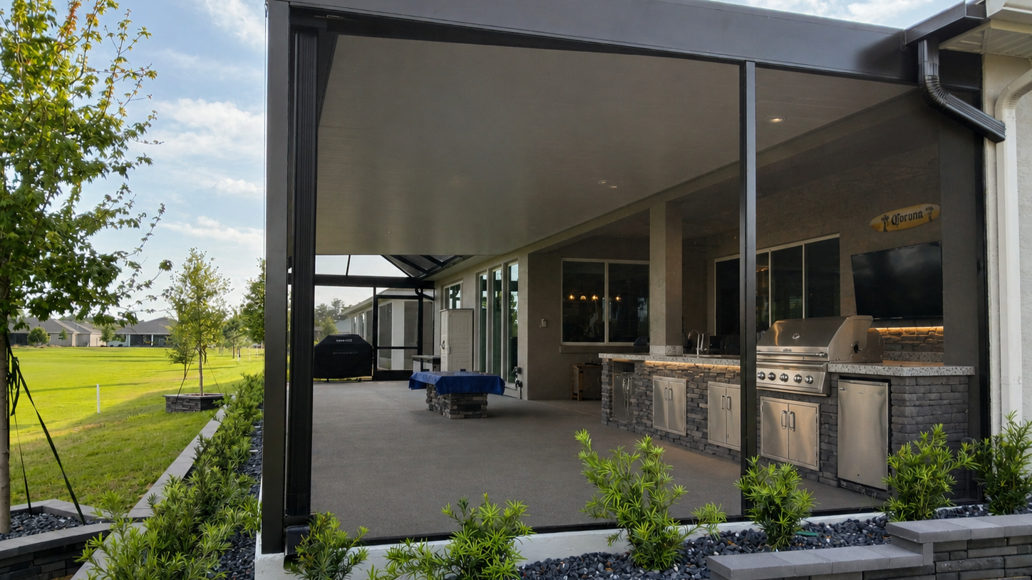 Screen room with outdoor patio area with grill station, TV, and table with blue cover, surrounded by greenery and open lawn, under a cloudy sky.