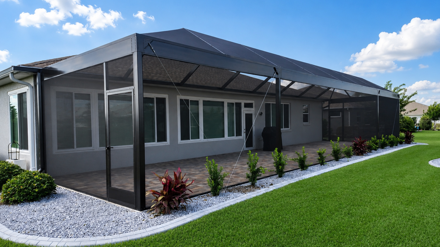 A screen cage attached to a house, with a clear roof and sliding glass doors, surrounded by a well-maintained lawn and landscaping with small bushes and decorative plants.