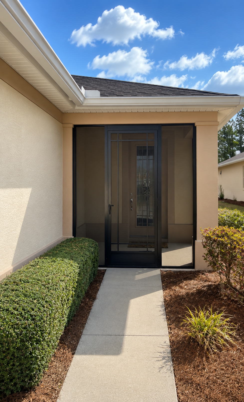 Bright suburban house entryway in sunlight.png