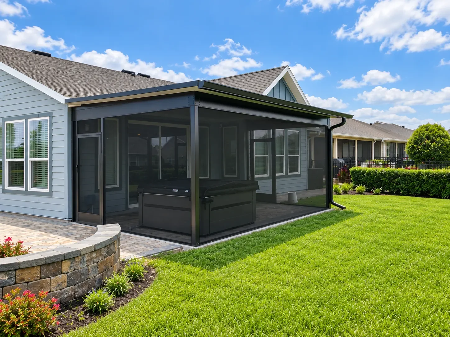 A backyard with a house featuring a screened room, a lawn, a stone flower bed, and a blue sky with clouds.