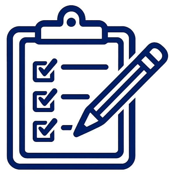 Icon of a clipboard with checklist and a large pencil overlay.