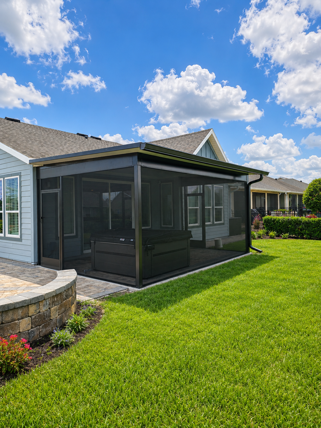 A backyard with a house featuring a screened room, a lawn, a stone flower bed, and a blue sky with clouds.