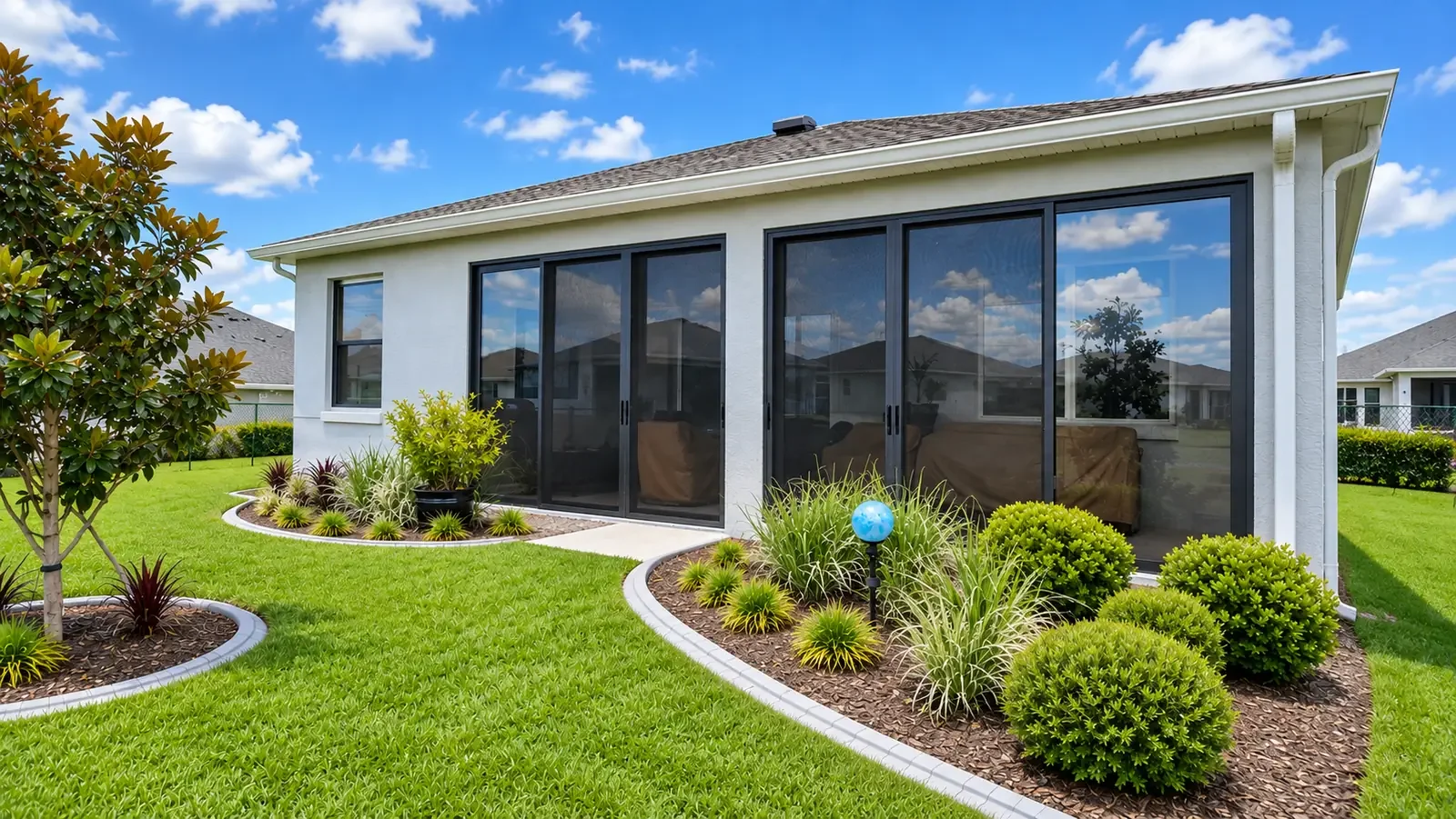 Exterior view of a house with a large glass sliding door, part of a sunroom, a small landscaped garden with bushes and grass, and neighboring houses reflected in the glass under a partly cloudy sky.