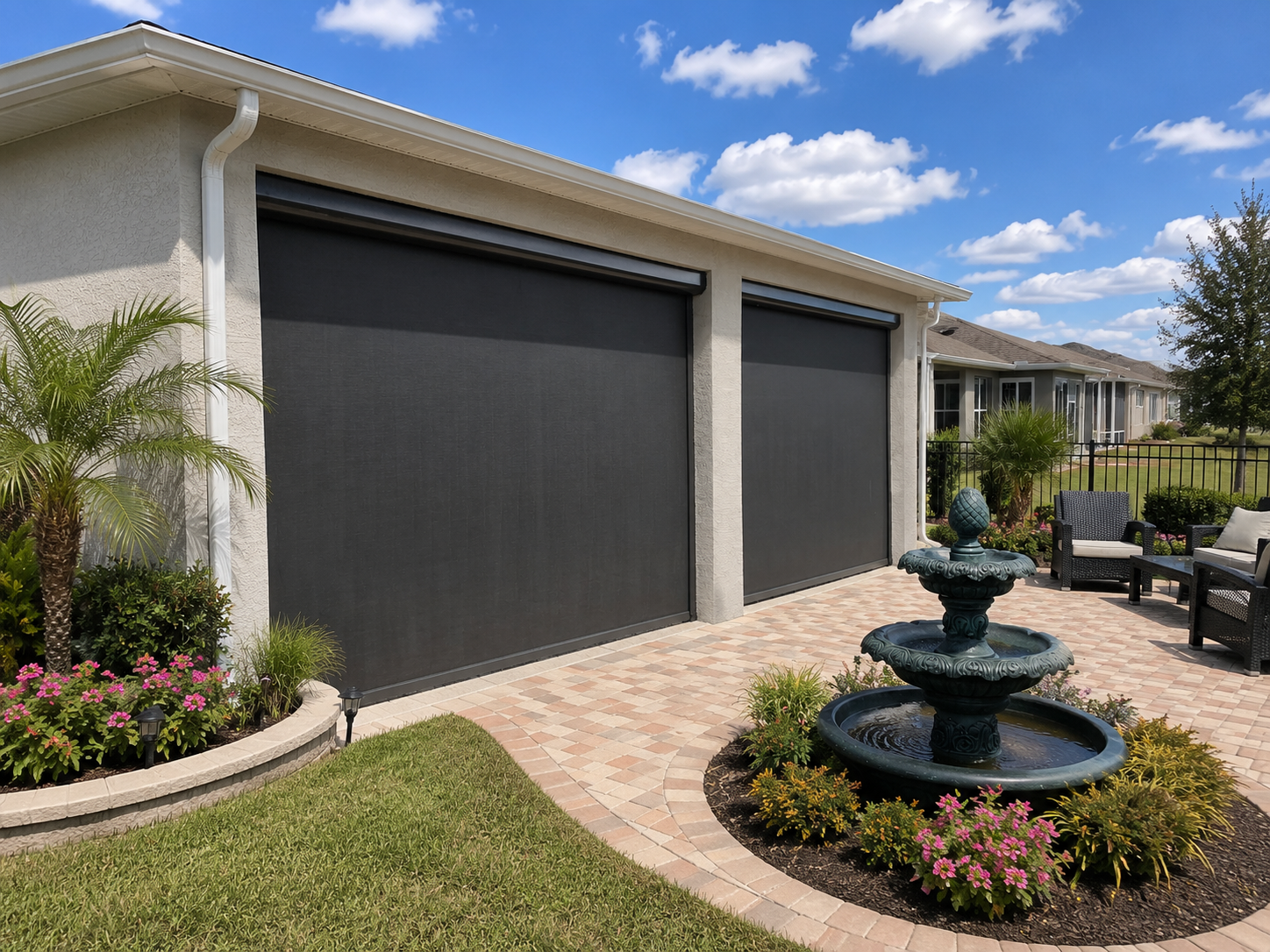 Backyard patio with two closed black retractable screens, a decorative fountain, garden flowers, outdoor seating, and a lawn under a partly cloudy sky.