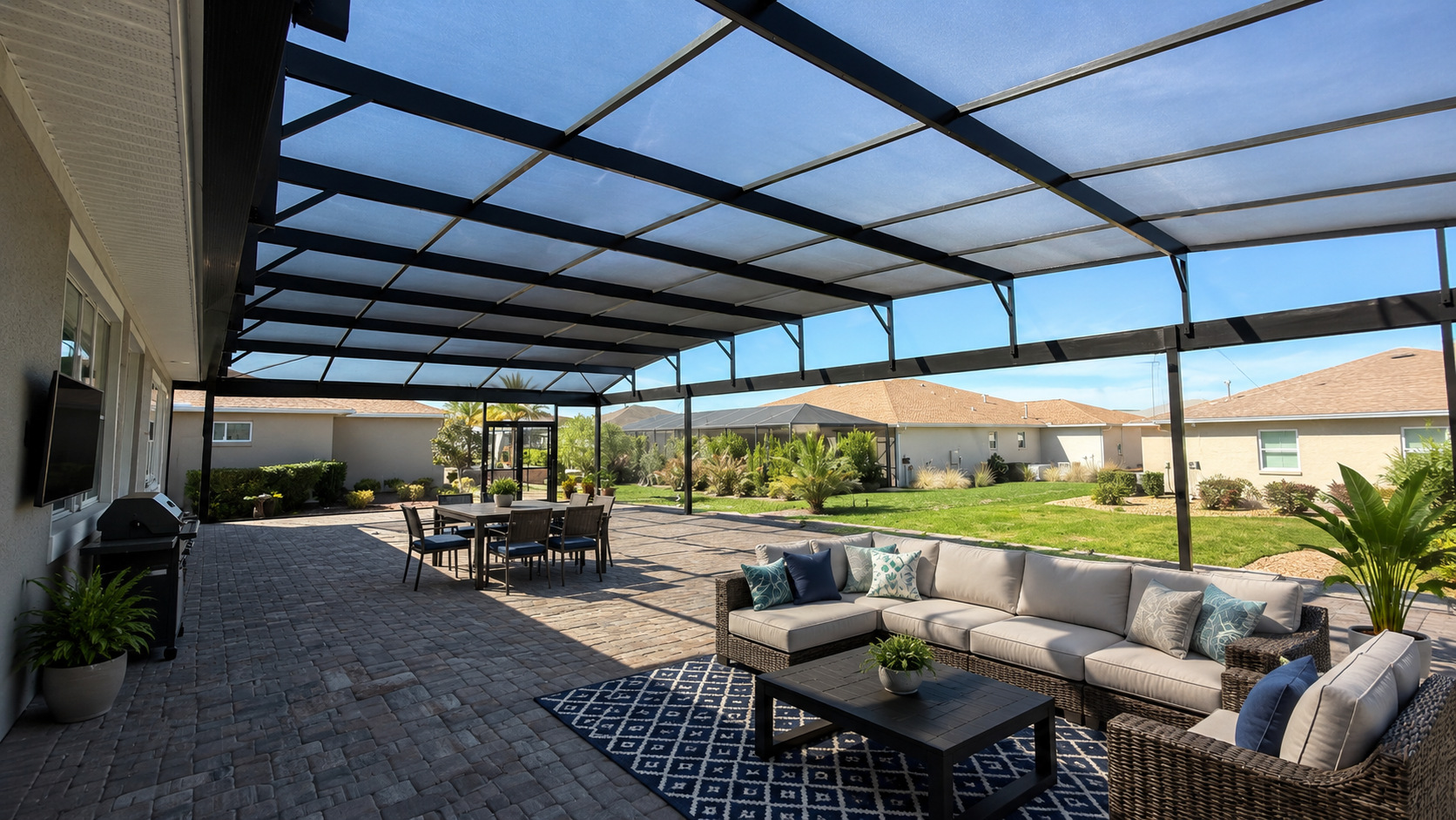 Large screen cage backyard patio with outdoor seating, dining table, and garden with houses in the background.