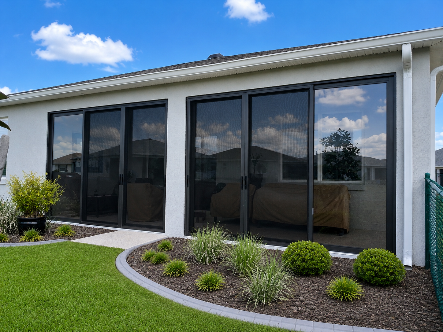 Exterior view of a house with a large glass sliding door, part of a sunroom, a small landscaped garden with bushes and grass, and neighboring houses reflected in the glass under a partly cloudy sky.