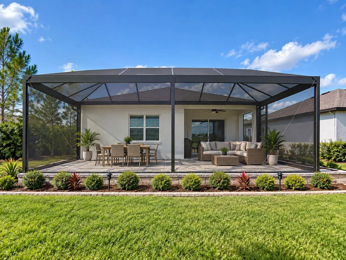 A screened backyard porch with outdoor furniture, including a dining table with chairs, a sectional sofa, and potted plants, attached to a white house with a window and a sliding glass door, surrounded by green grass and shrubbery under a blue sky wi