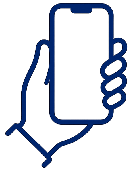 Outline drawing of a hand holding a smartphone.