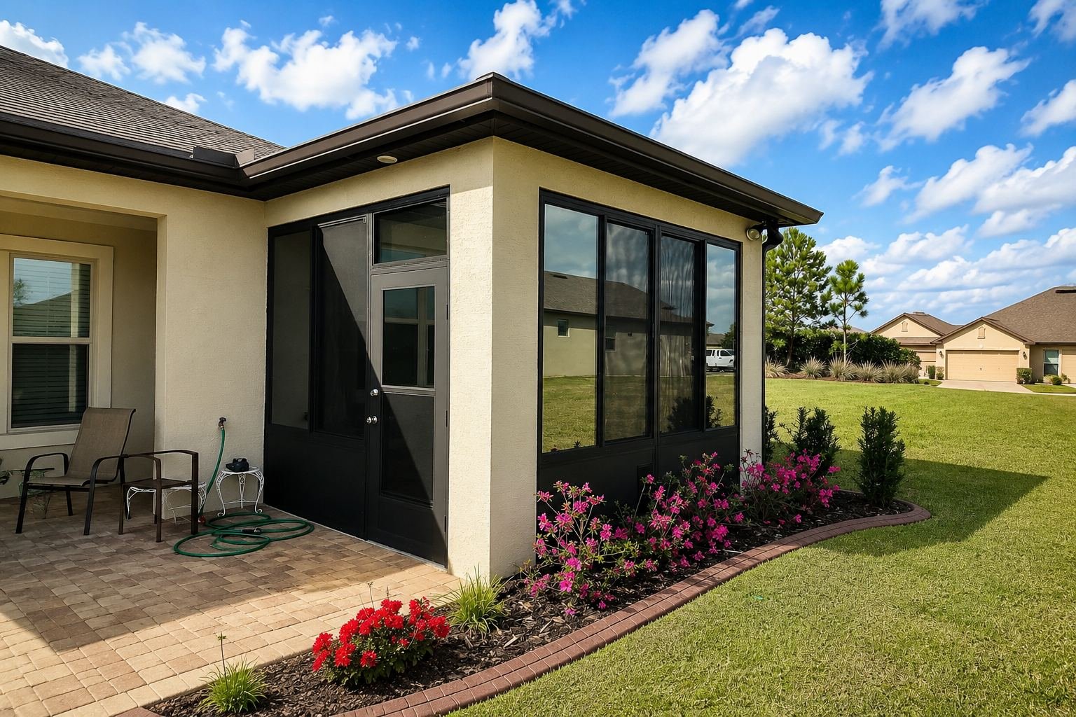 Backyard with screened porch, potted plants, and flower bed with pink and red flowers, surrounding a beige house with a gray roof, under a partly cloudy sky.