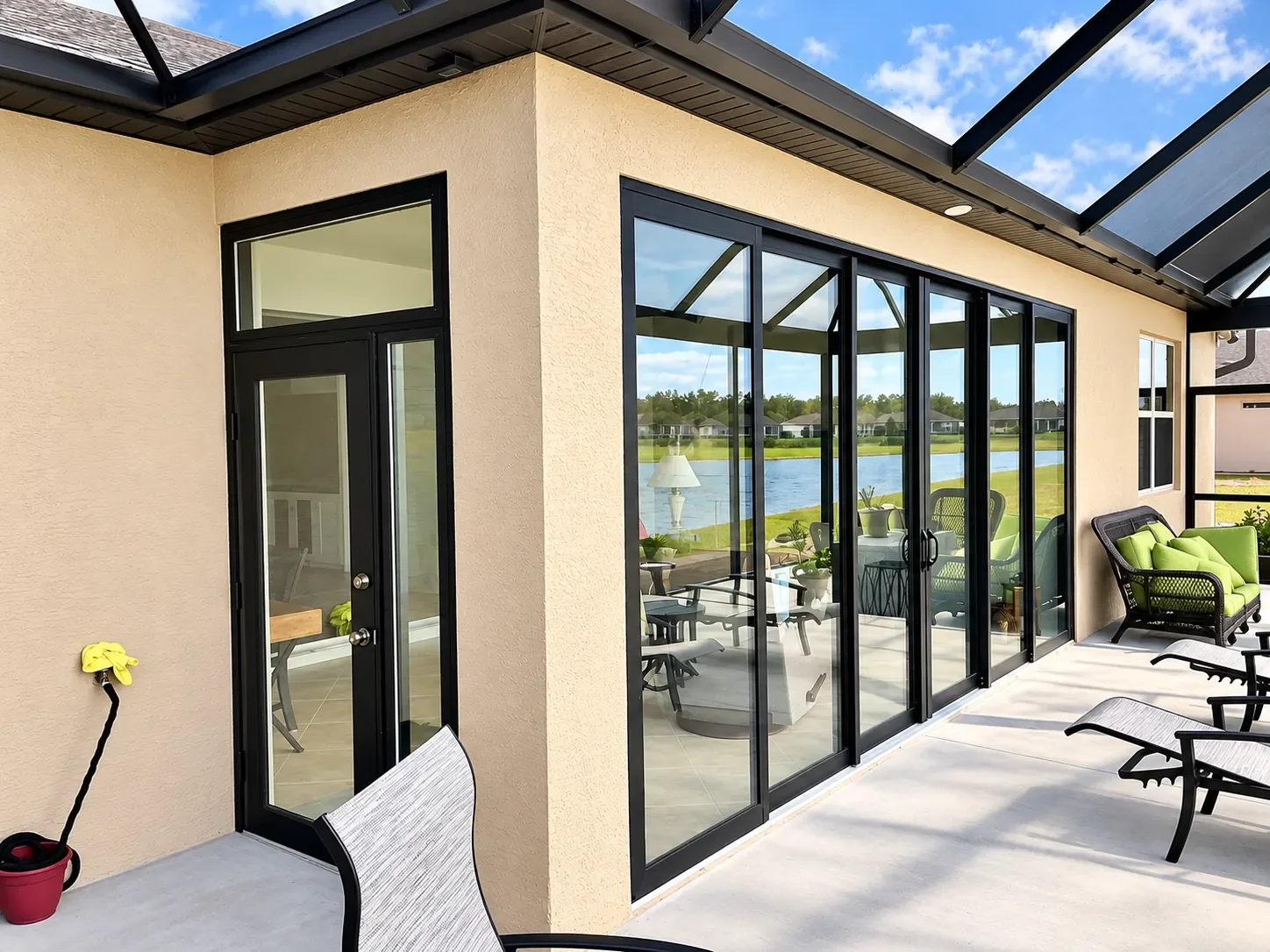 Exterior view of a house with a large glass sliding door, part of a sunroom, a small landscaped garden with bushes and grass, and neighboring houses reflected in the glass under a partly cloudy sky.