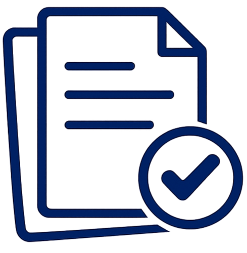 Illustration of documents with a checkmark, representing verified or approved files.