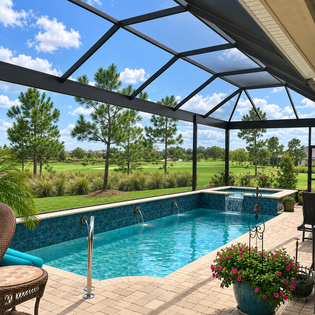 View of a screened-in backyard pool area with a hot tub, surrounded by patio furniture and potted plants, overlooking a lush green golf course with tall trees and a blue sky with clouds.