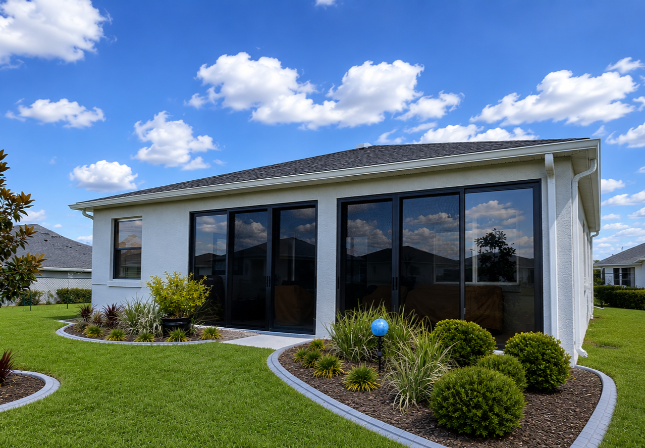 A backyard with a white house featuring large sliding glass doors as part of a sunroom, well-maintained green grass, landscaped garden beds with bushes and plants, and a bright blue sky with scattered white clouds.