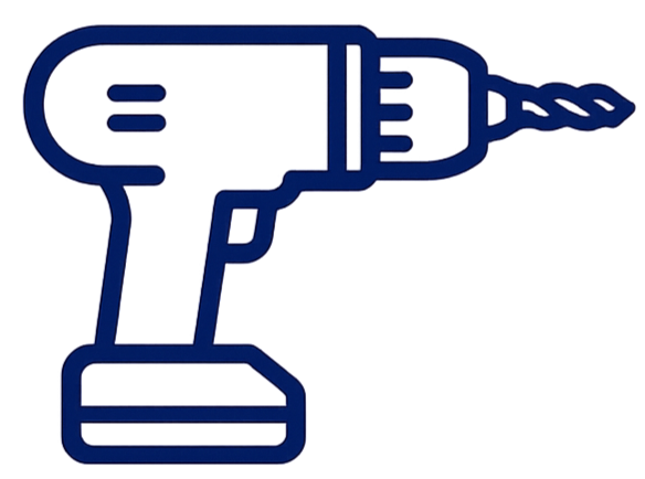 A digital illustration of a power drill in a minimalist, outline style.
